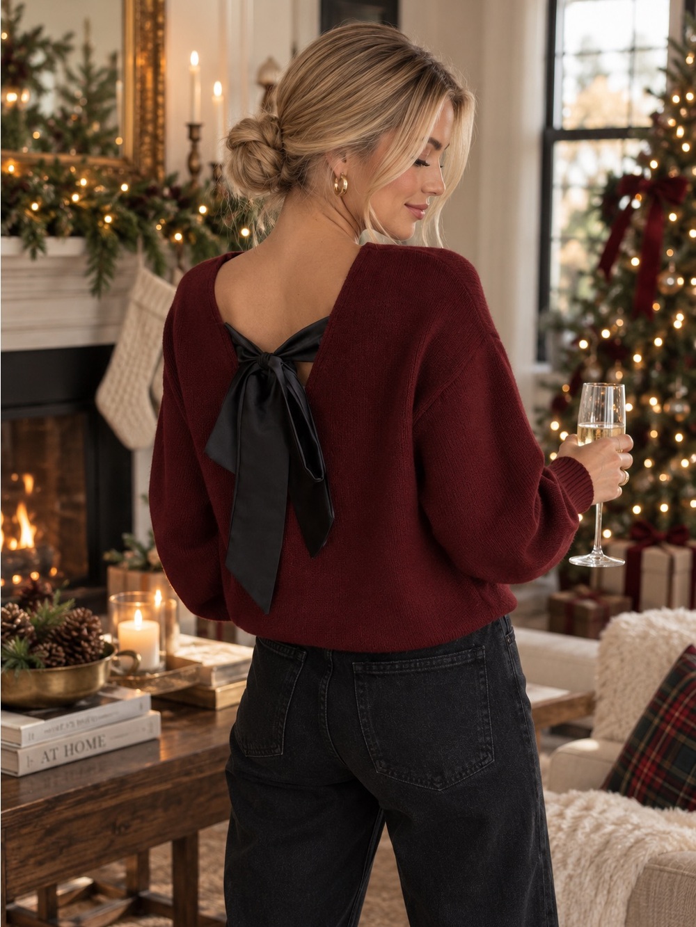 Bow Back Knit Sweater Feminine Open Back burgundy black